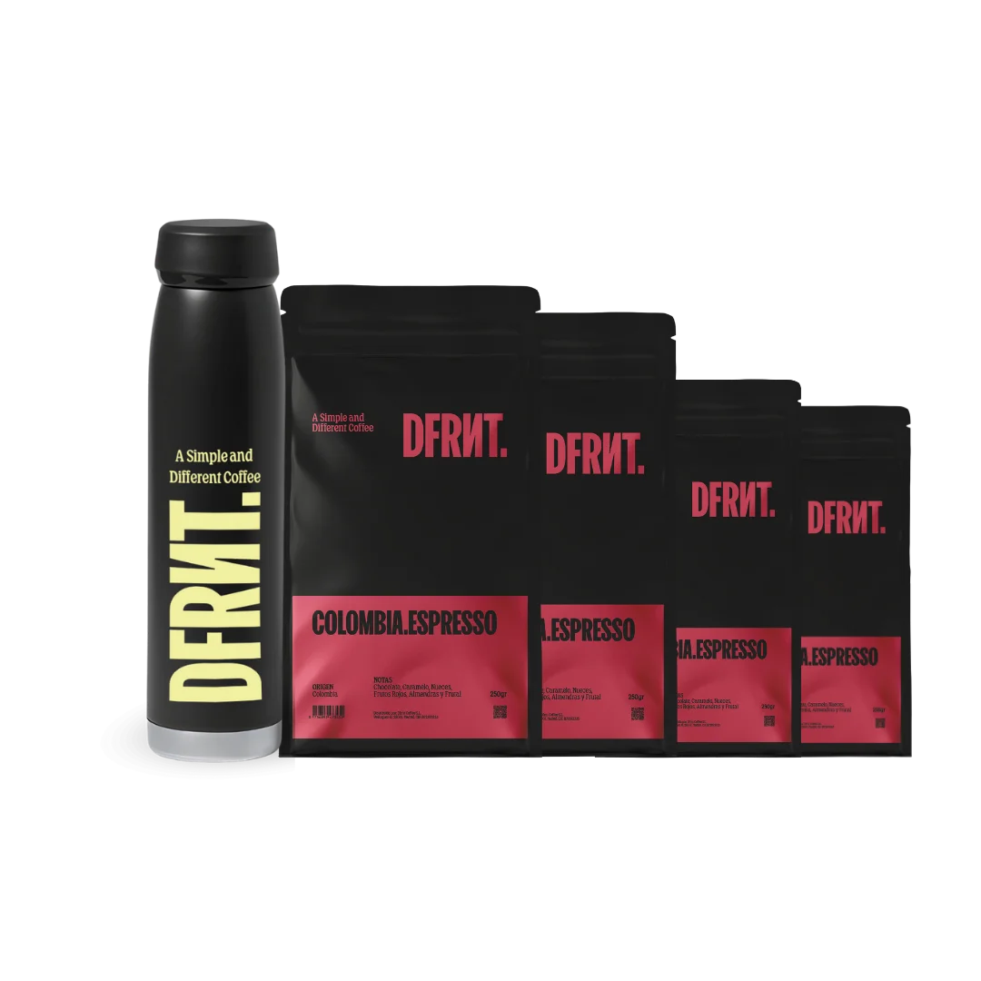 DFRNT. Colombia Pack 4 Espresso Speciality Sacchi di caffè Gift Jug Dfrnt Caffè in grani Specialità Caffè 86,75 punti SCA Colombia Preparazione Espresso Ideale Torrefazione in Spagna Confezione 1kg