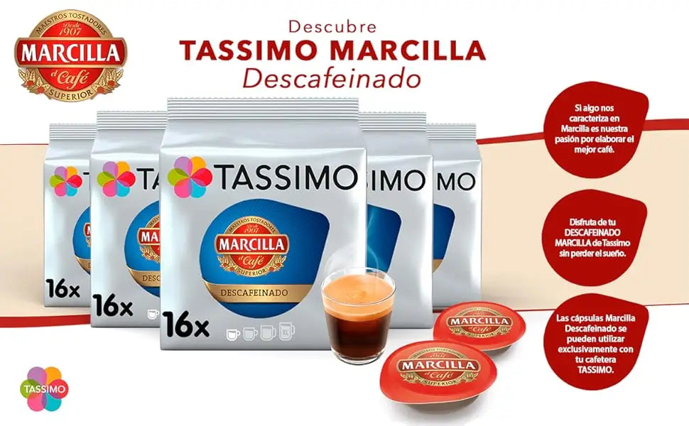 TASSIMO MARCILLA Capsule di Caffè Decafinato - CONFEZIONE 5 confezioni da 16 capsule, 80 capsule di perfetto caffè decaffeinato