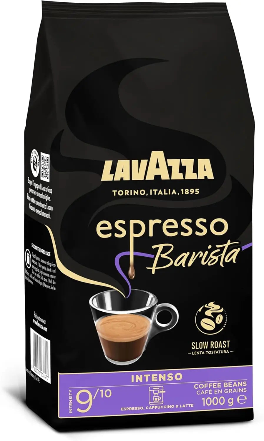 Lavazza, Espresso Barista Intenso, Chicchi di caffè tostati naturali, Ideale per Espresso o Macchina da caffè super Automatica, con Note aromatiche di Cacao e Legno, Intensità 9/10, Tostatura media, 1 kg
