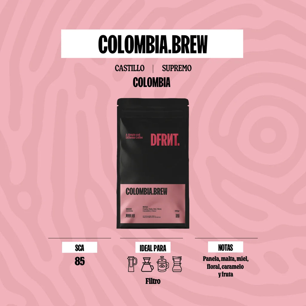 DFRNT.BREW Colombia. Chicchi di caffè specializzati - Preparazione ideale del filtro - Tostatura recente in Spagna - Note su pentola, malto, miele