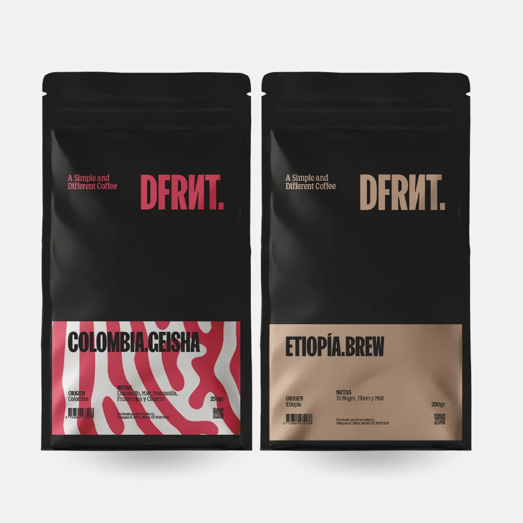 DFRNT. Confezione Brew Etiopia + Colombia Geisha - Caffè Specialità Filtro ideale - Chicchi di caffè specialità - Note di tè nero, fiori e miele - Preparazione ideale del filtro - Torrefazione ripescente in Spagna - Conf